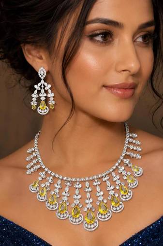 yellow sapphire cz bridal choker necklace set, chandelier earrings, indian wedding jewellery