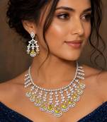 yellow sapphire cz bridal choker necklace set, chandelier earrings, indian wedding jewellery