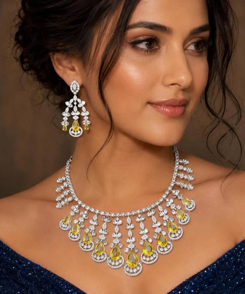 yellow sapphire cz bridal choker necklace set, chandelier earrings, indian wedding jewellery
