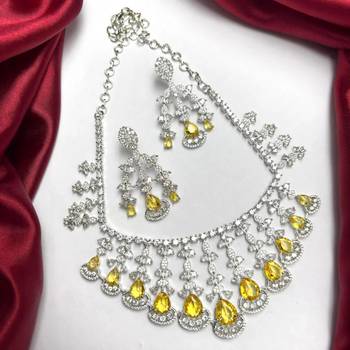 yellow sapphire cz bridal choker necklace set, chandelier earrings, indian wedding jewellery 2