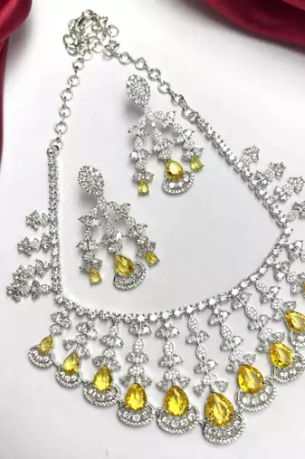 yellow sapphire cz bridal choker necklace set, chandelier earrings, indian wedding jewellery