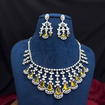 yellow sapphire cz bridal choker necklace set, chandelier earrings, indian wedding jewellery 3