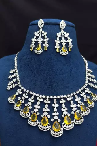 yellow sapphire cz bridal choker necklace set, chandelier earrings, indian wedding jewellery