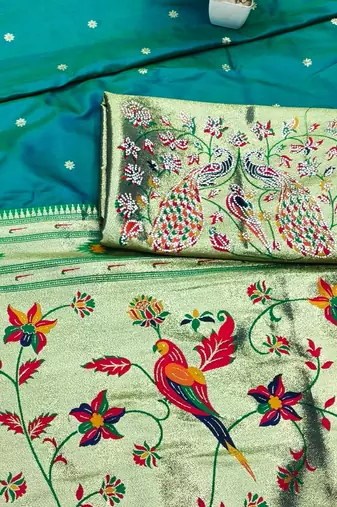 Rama zari woven paithani silk traditional saree with swarovski blouse piece