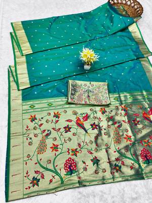 Rama zari woven paithani silk traditional saree with swarovski blouse piece 5