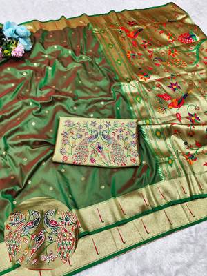 Green zari woven paithani silk traditional saree with swarovski blouse piece 1