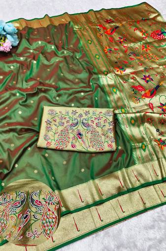 Green zari woven paithani silk traditional saree with swarovski blouse piece