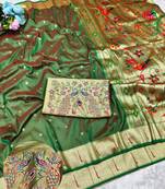 Green zari woven paithani silk traditional saree with swarovski blouse piece