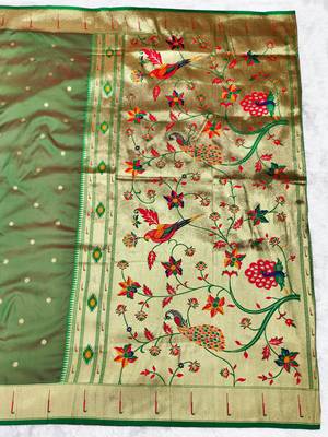 Green zari woven paithani silk traditional saree with swarovski blouse piece 2