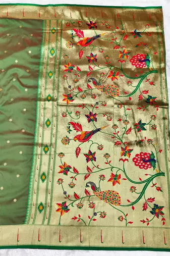 Green zari woven paithani silk traditional saree with swarovski blouse piece