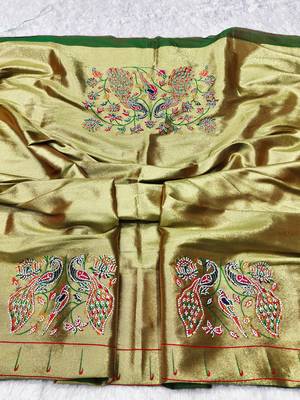 Green zari woven paithani silk traditional saree with swarovski blouse piece 3
