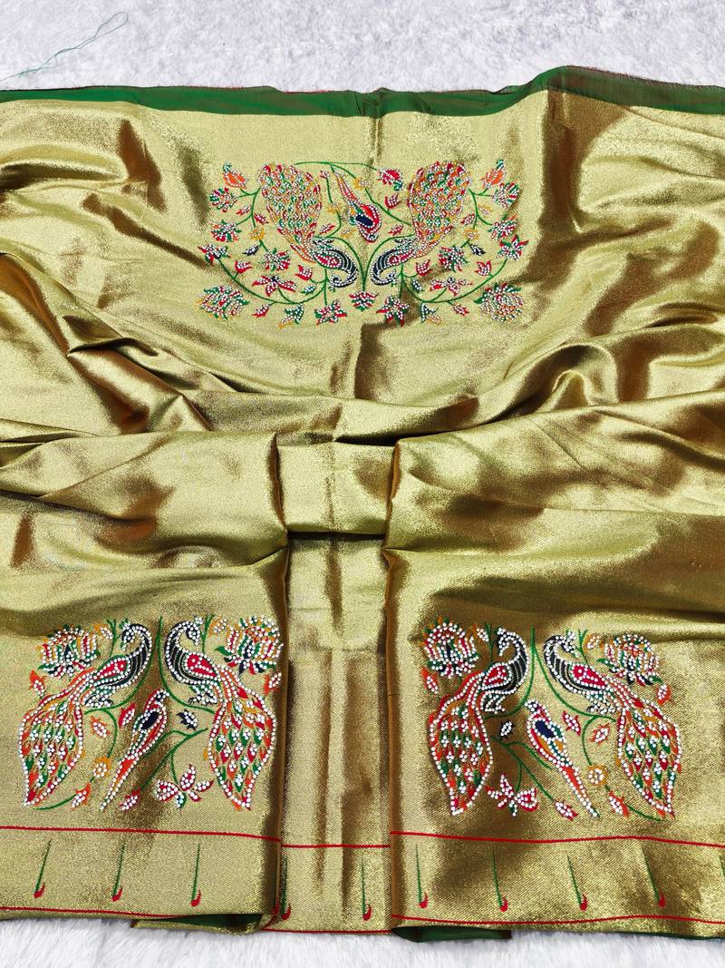 Green zari woven paithani silk traditional saree with swarovski blouse piece