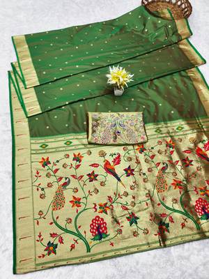 Green zari woven paithani silk traditional saree with swarovski blouse piece 5