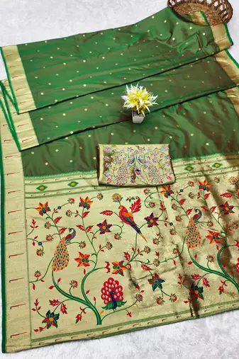 Green zari woven paithani silk traditional saree with swarovski blouse piece