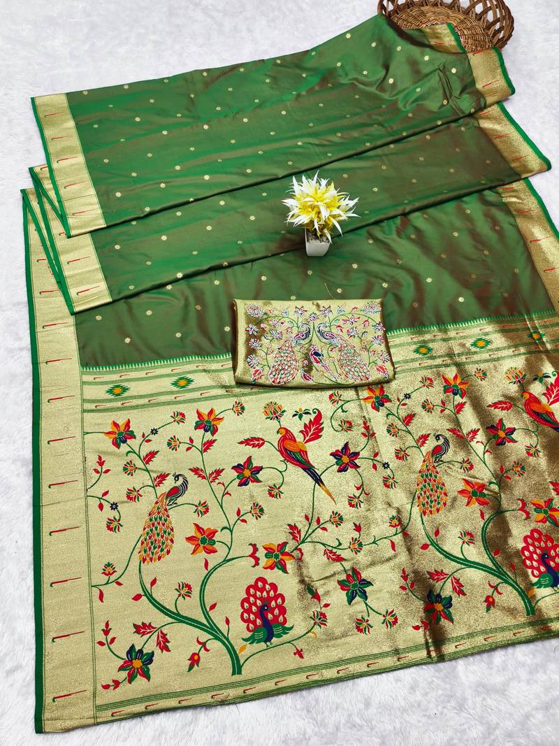 Green zari woven paithani silk traditional saree with swarovski blouse piece