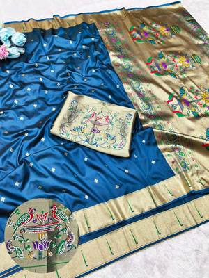Firozi zari woven paithani silk traditional saree with swarovski blouse piece 1
