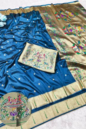 Firozi zari woven paithani silk traditional saree with swarovski blouse piece