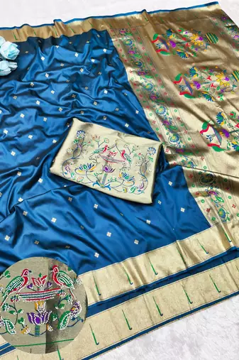 Firozi zari woven paithani silk traditional saree with swarovski blouse piece