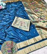 Firozi zari woven paithani silk traditional saree with swarovski blouse piece