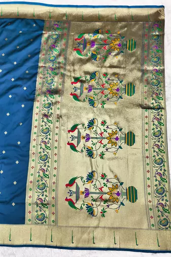Firozi zari woven paithani silk traditional saree with swarovski blouse piece