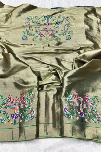 Firozi zari woven paithani silk traditional saree with swarovski blouse piece