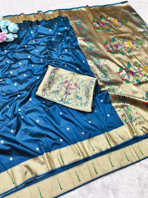Firozi zari woven paithani silk traditional saree with swarovski blouse piece 4