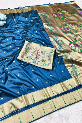 Firozi zari woven paithani silk traditional saree with swarovski blouse piece