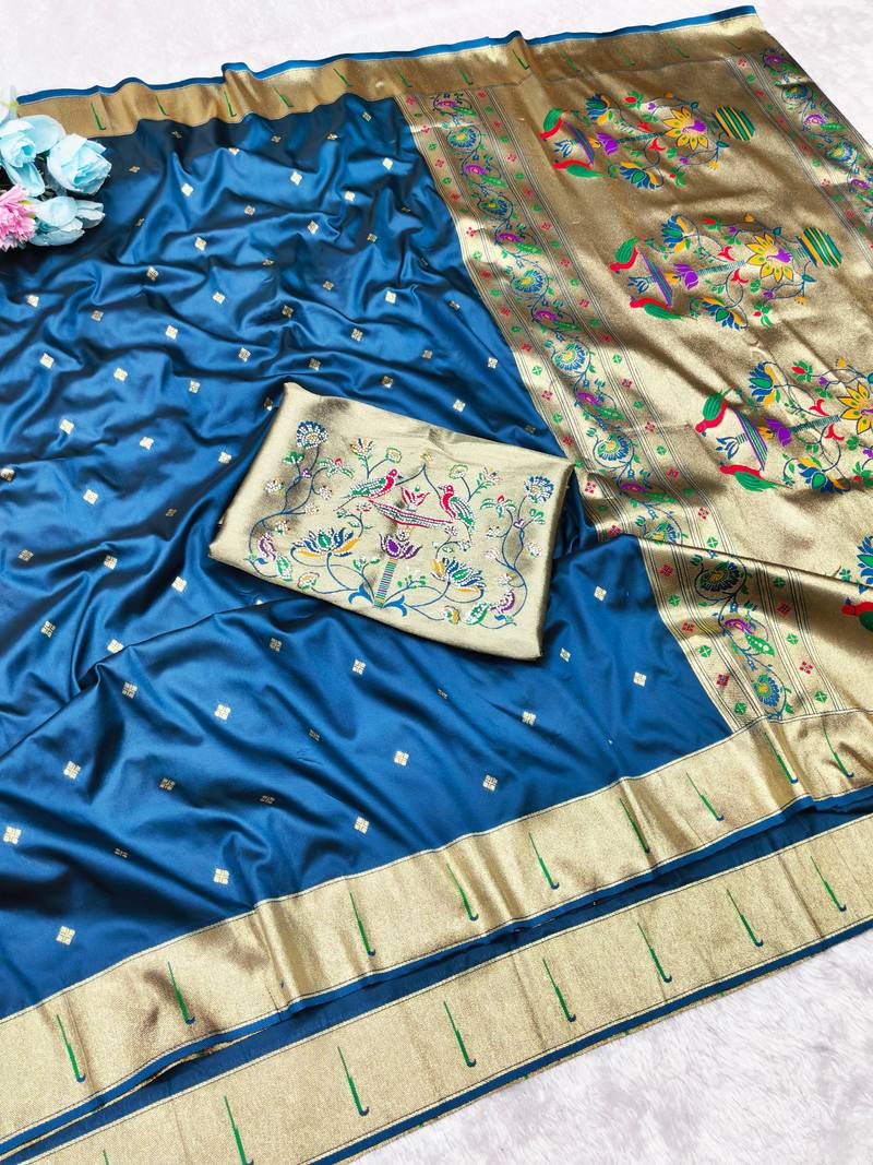 Firozi zari woven paithani silk traditional saree with swarovski blouse piece