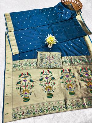 Firozi zari woven paithani silk traditional saree with swarovski blouse piece 5