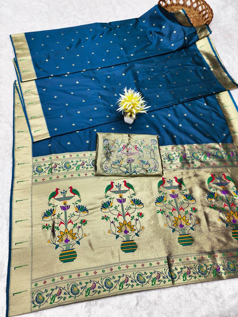 Firozi zari woven paithani silk traditional saree with swarovski blouse piece