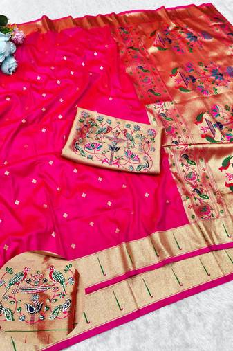 Rani zari woven paithani silk traditional saree with swarovski blouse piece