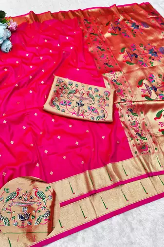 Rani zari woven paithani silk traditional saree with swarovski blouse piece