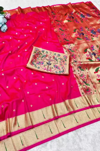 Rani zari woven paithani silk traditional saree with swarovski blouse piece