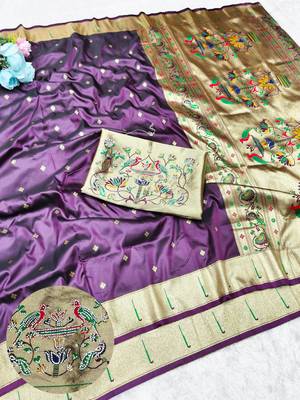 Wine zari woven paithani silk traditional saree with swarovski blouse piece 1
