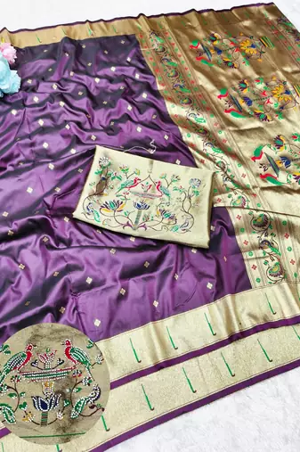 Wine zari woven paithani silk traditional saree with swarovski blouse piece
