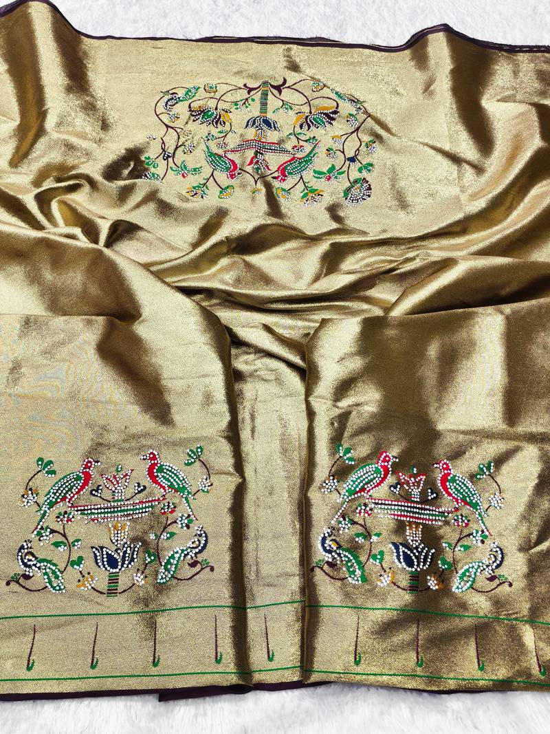 Wine zari woven paithani silk traditional saree with swarovski blouse piece