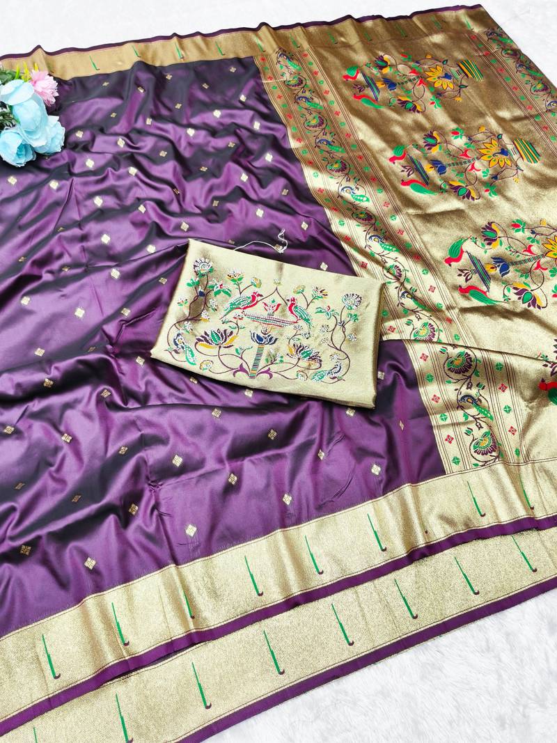 Wine zari woven paithani silk traditional saree with swarovski blouse piece