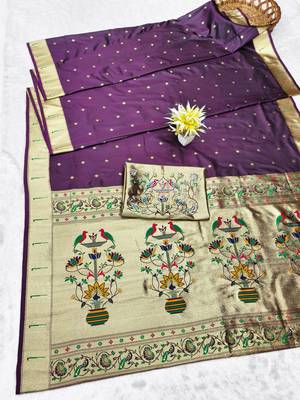Wine zari woven paithani silk traditional saree with swarovski blouse piece 5