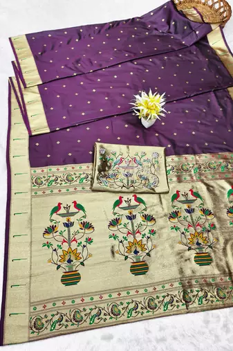 Wine zari woven paithani silk traditional saree with swarovski blouse piece