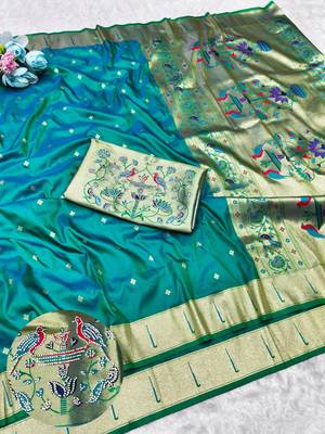 Rama zari woven paithani silk traditional saree with swarovski blouse piece 1