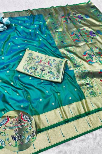 Rama zari woven paithani silk traditional saree with swarovski blouse piece