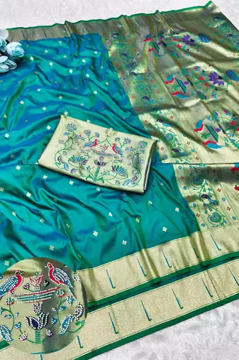 Rama zari woven paithani silk traditional saree with swarovski blouse piece