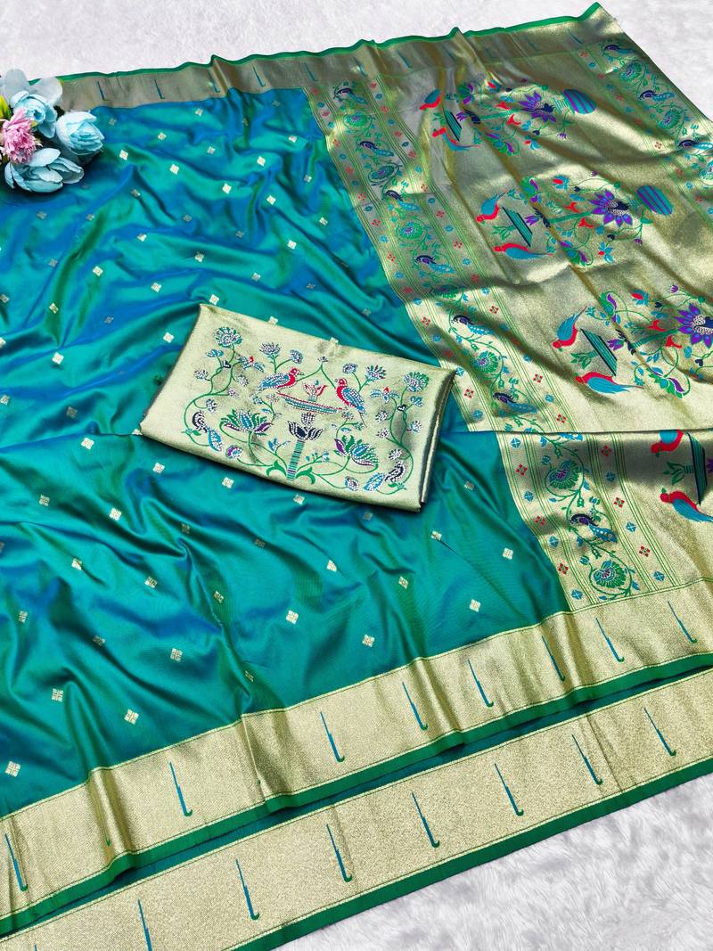 Rama zari woven paithani silk traditional saree with swarovski blouse piece
