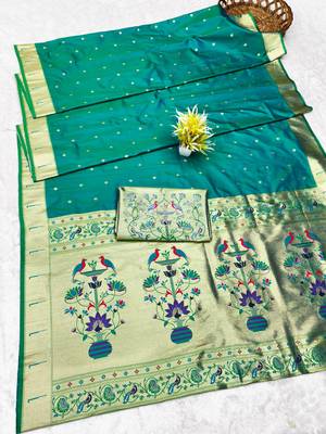Rama zari woven paithani silk traditional saree with swarovski blouse piece 5