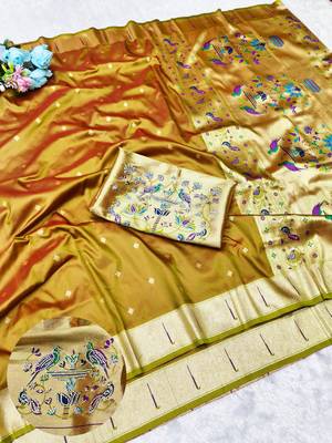 Gold zari woven paithani silk traditional saree with swarovski blouse piece 1