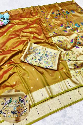 Gold zari woven paithani silk traditional saree with swarovski blouse piece