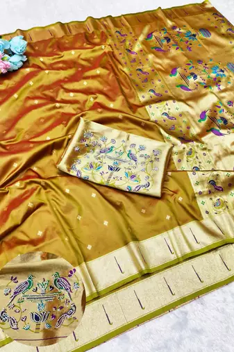 Gold zari woven paithani silk traditional saree with swarovski blouse piece