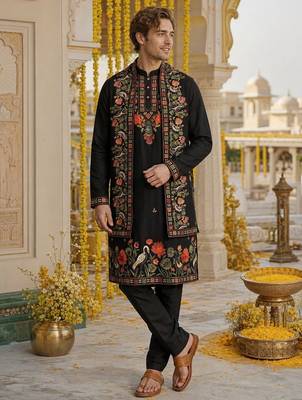 Black embroidered & sequence work silk blend straight kurta set 1