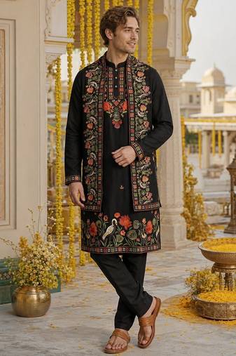 Black embroidered & sequence work silk blend straight kurta set