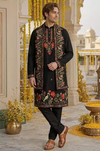 Black embroidered & sequence work silk blend straight kurta set